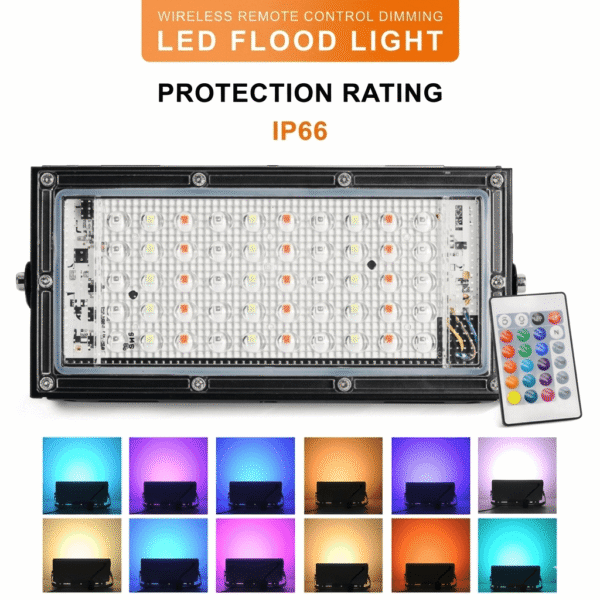 50W RGB LED Flood Light – IP66 Waterproof Outdoor Landscape Lighting with Remote Control (AC 220V, Black)