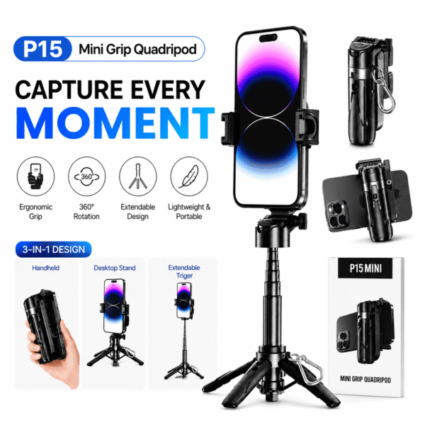 P15 Mini Grip Quadripod Selfie Stick with Bluetooth Remote
