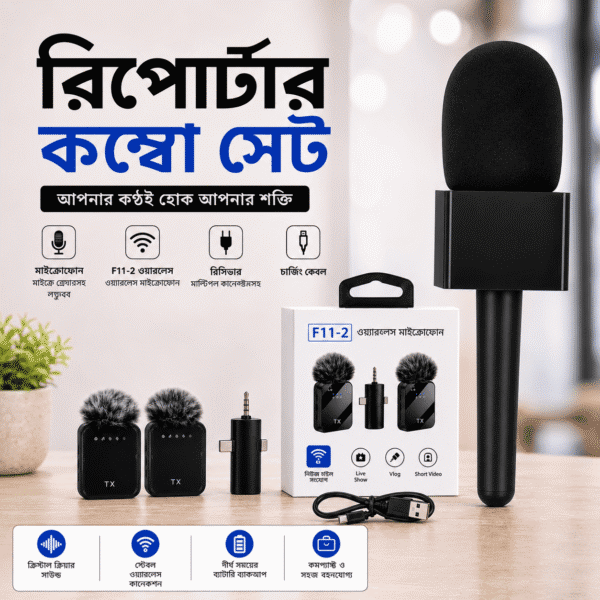 Professional Reporter Kit Combo – Logo Box Microphone Holder + F11-2 Dual Wireless Microphone